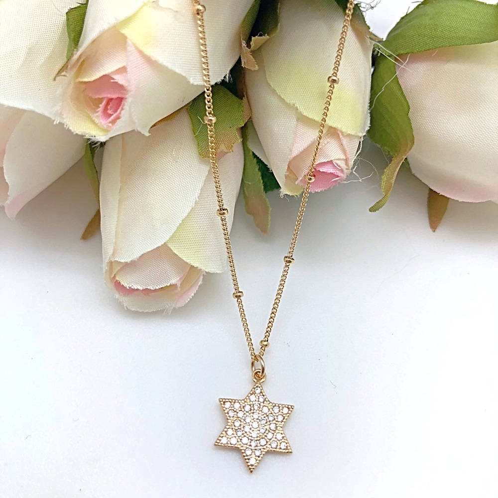 Small Gold CZ Pave Star of David Necklace 18” Satellite Chain, Ships in Gift Box